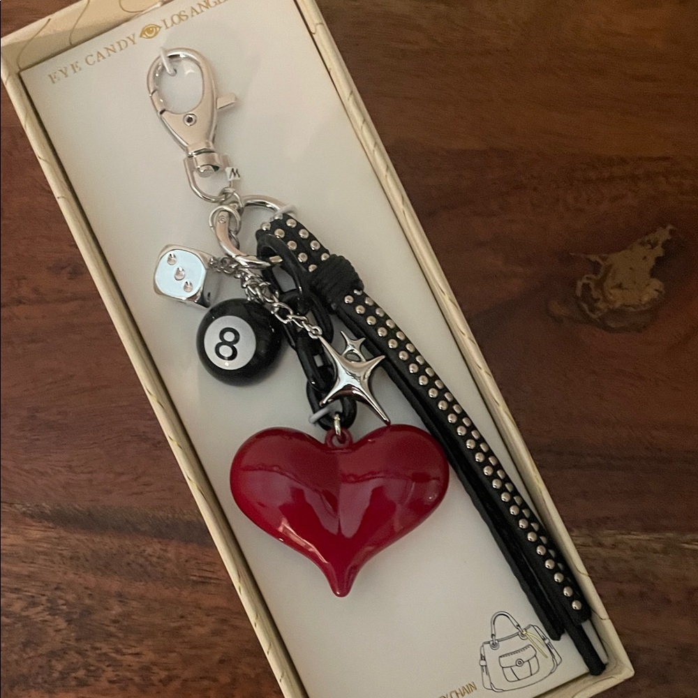 Eye Candy LA Viral Red Heart Bag Charm Keychain | 8 Ball, Dice & Studded Strap |
